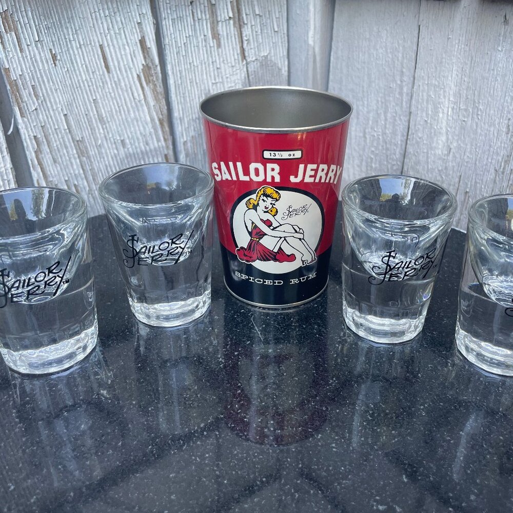 Sailor Jerry Shot Glass Lot 4 Heavy Thick Bottom & Spiced Rum Tin Cup